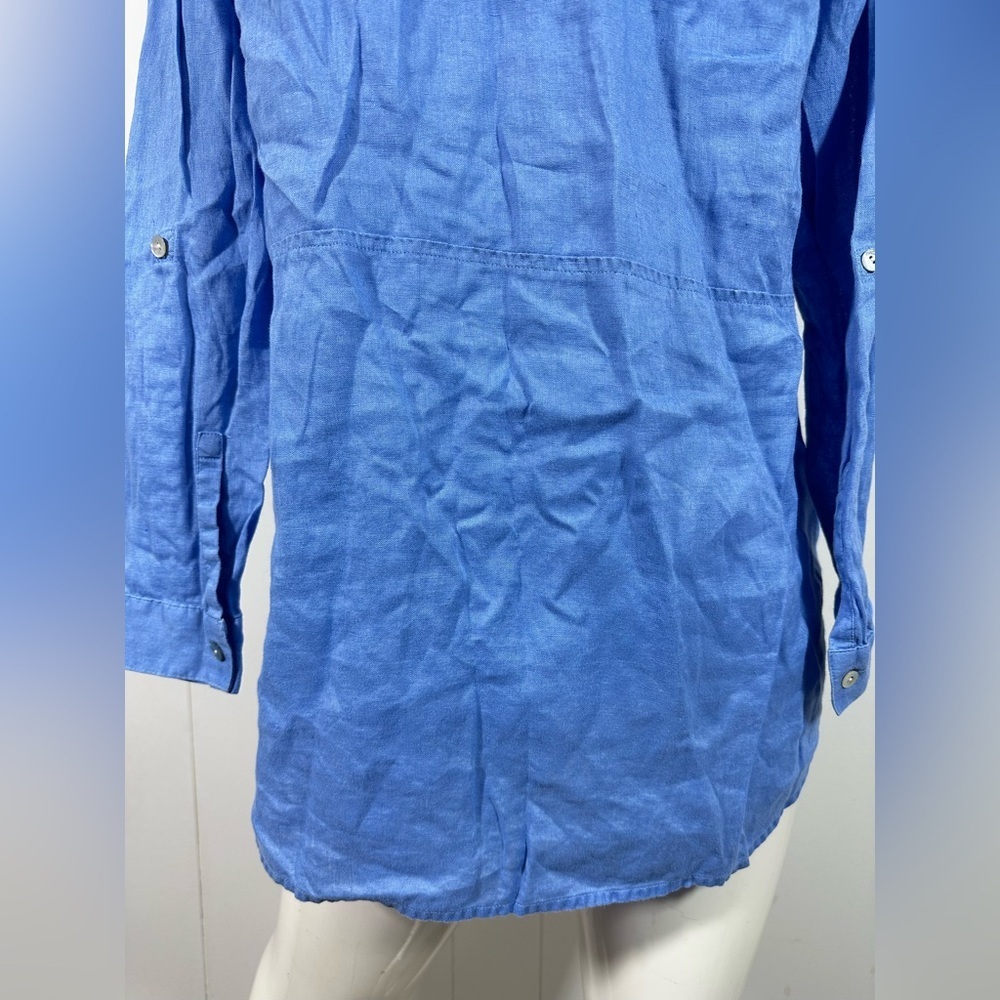 J Jill Love Linen Sz S Petite Blue Half Button Tunic With Side Pockets Roll Tab - Picture 7 of 12